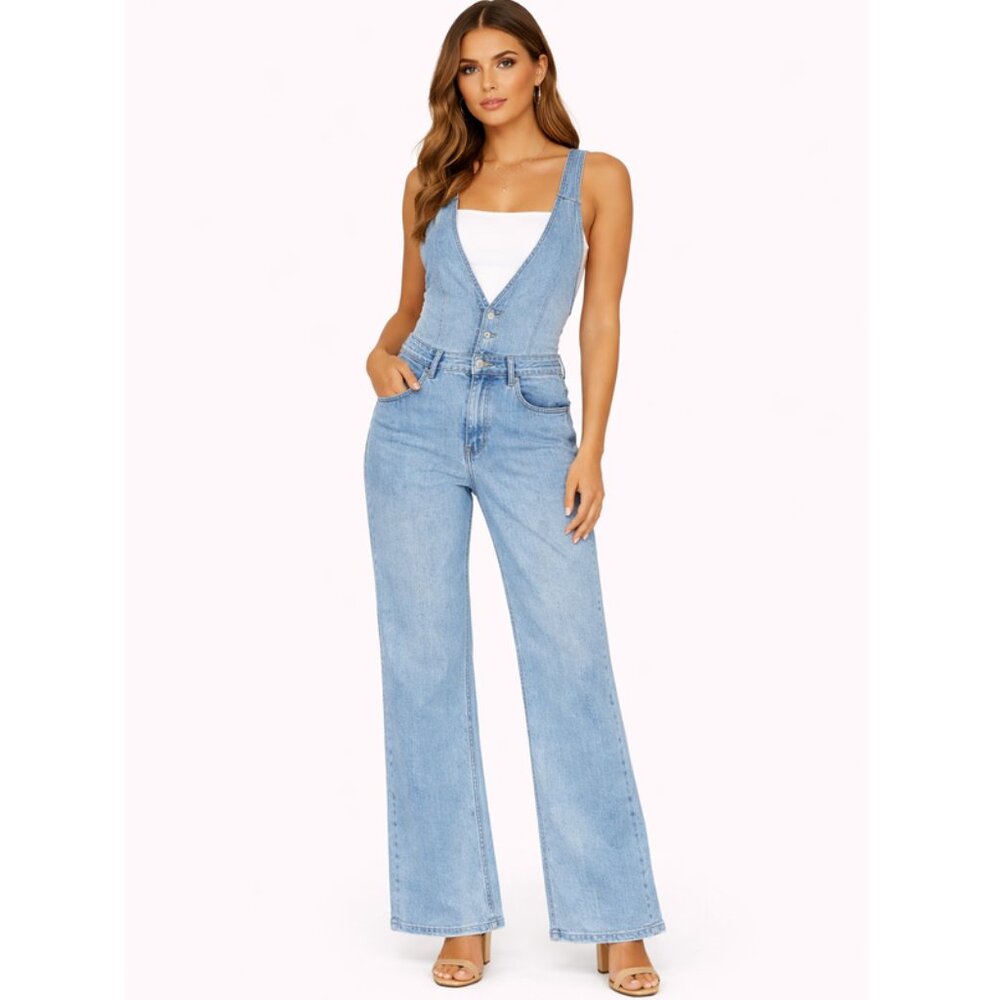 Light Blue Denim Wide-Leg Jumpsuit